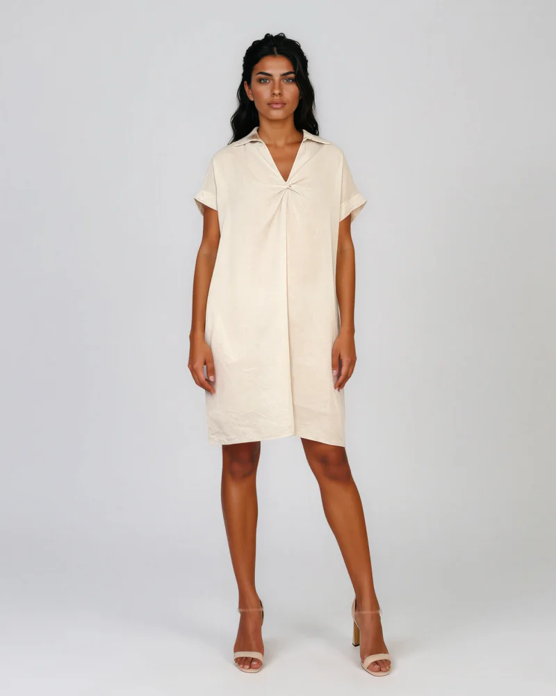 Rochie casual cu nod în piept și buzunare crem - Unica S-L