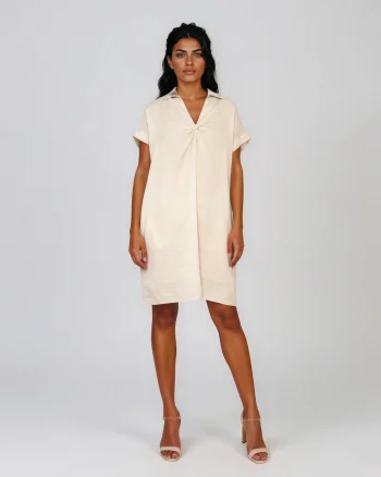 Rochie casual cu nod în piept și buzunare crem - Unica S-L