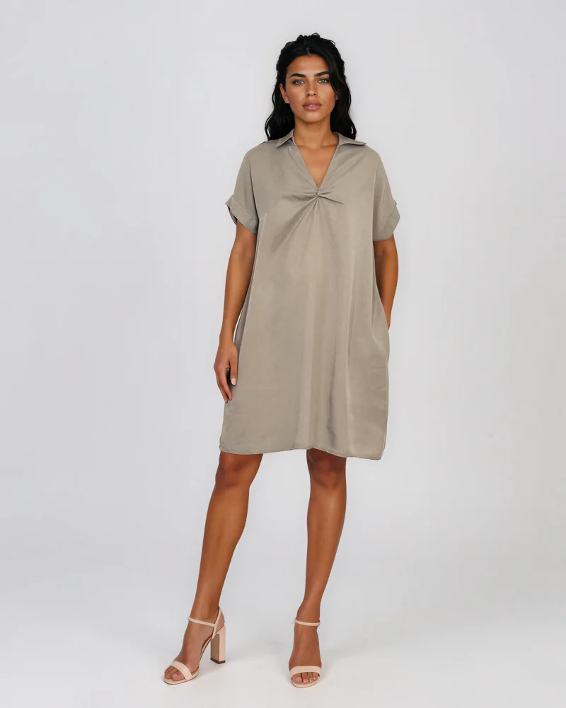 Rochie casual cu nod în piept și buzunare grej - Unica S-L