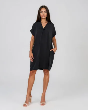 Rochie casual cu nod în piept și buzunare negru - Unica S-L