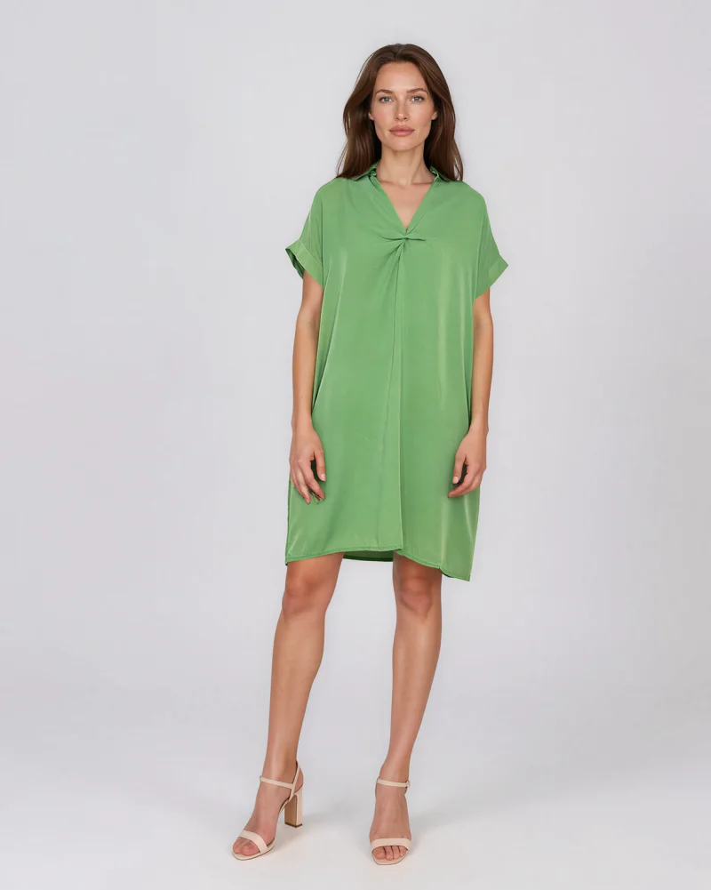 Rochie casual cu nod în piept și buzunare verde - Unica S-L