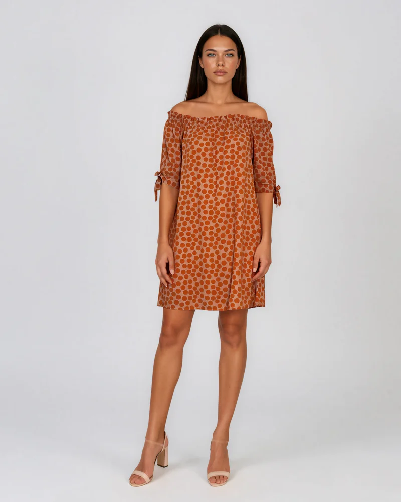 Rochie cu elastic pe umeri și buline beige - Unica S-L