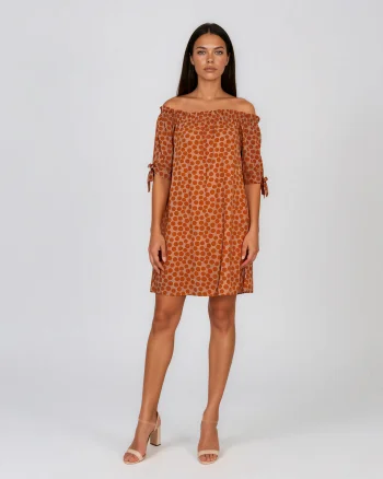 Rochie cu elastic pe umeri și buline beige - Unica S-L
