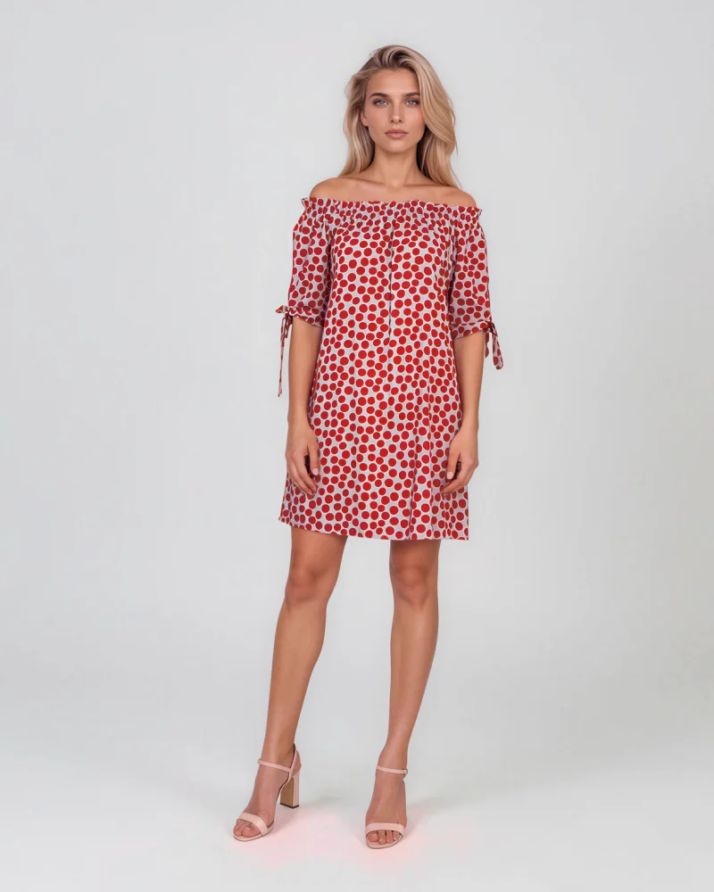 Rochie cu elastic pe umeri și buline bleu - Unica S-L