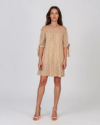 Rochie cu elastic pe umeri și buline roz-verde - Unica S-L