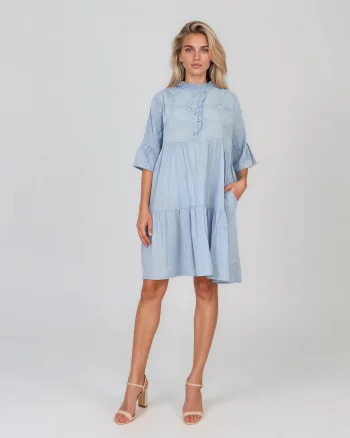 Rochie baby-doll cu broderie și paiete bleu - Unica S-L