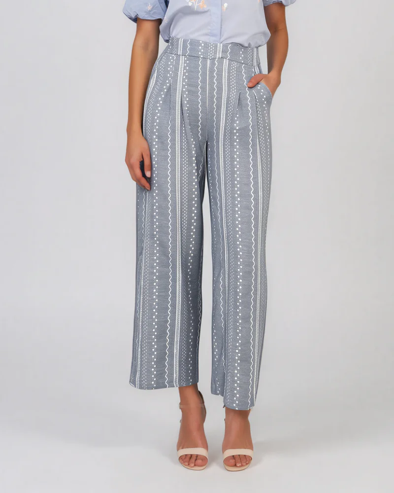 Pantaloni lungi din bumbac cu motive tradiționale bleu - Unica S-L