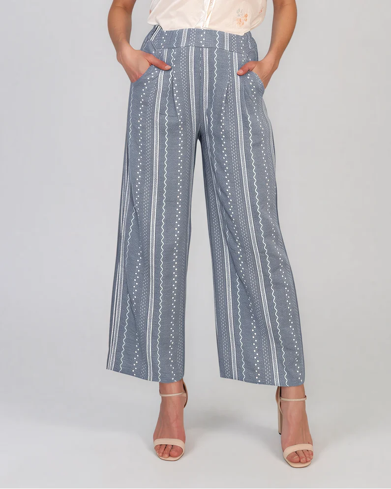 Pantaloni lungi din bumbac cu motive tradiționale aqua - Unica S-L