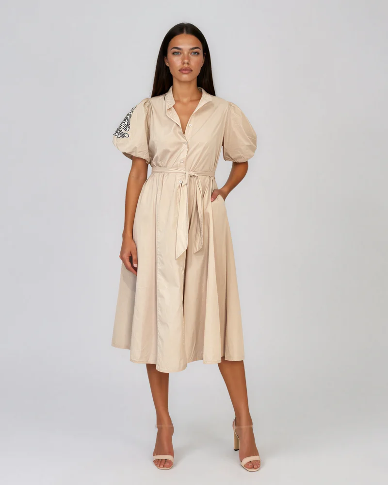 Rochie cloș cu cordon și mâneci bufante beige - Unica S-L