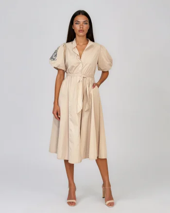 Rochie cloș cu cordon și mâneci bufante beige - Unica S-L