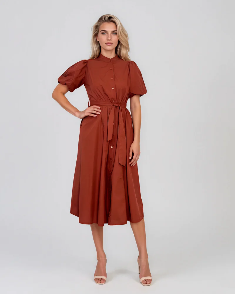 Rochie cloș cu cordon și mâneci bufante caramiziu - Unica S-L