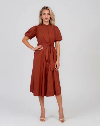 Rochie cloș cu cordon și mâneci bufante caramiziu - Unica S-L