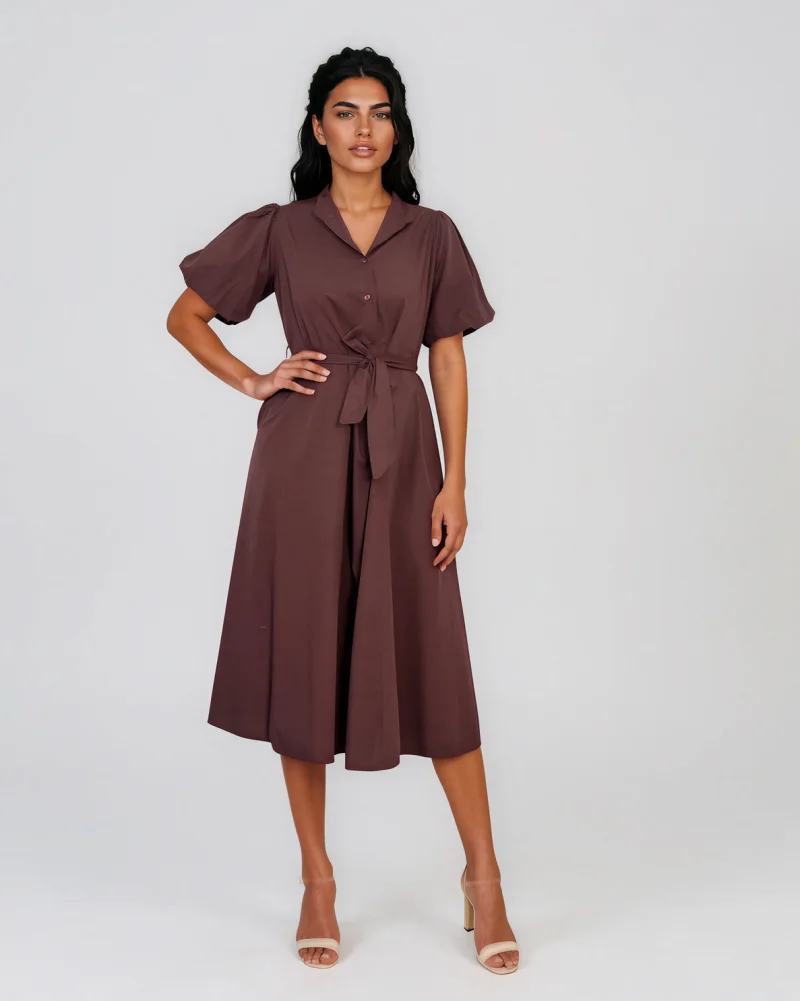 Rochie cloș cu cordon și mâneci bufante maro - Unica S-L