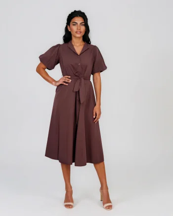 Rochie cloș cu cordon și mâneci bufante maro - Unica S-L