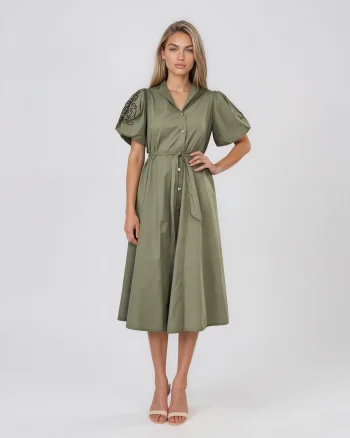 Rochie cloș cu cordon și mâneci bufante kaki - Unica S-L