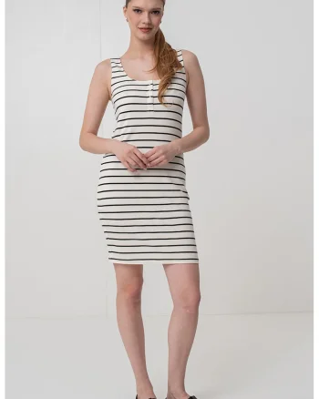 Rochie in dungi cu fenta scurta cu nasturi Vela, Negru/Crem