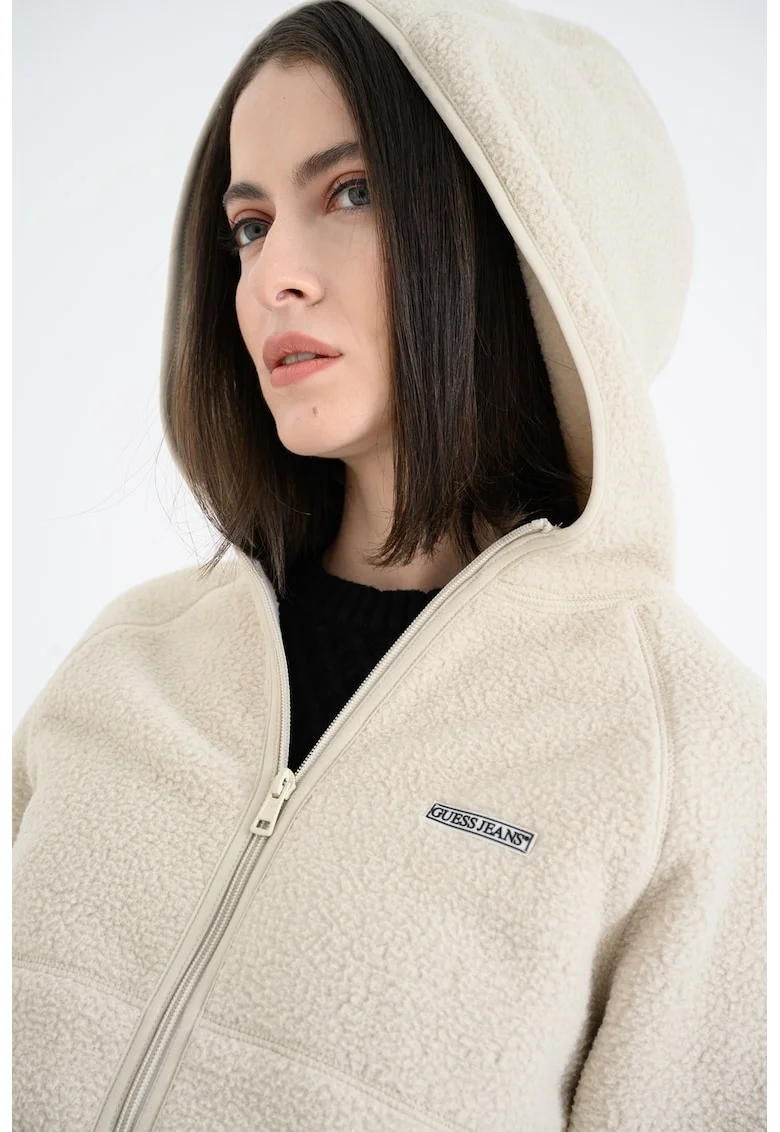 Hanorac cu fermoar, material boucle si logo, Bej inchis