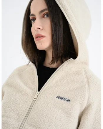 Hanorac cu fermoar, material boucle si logo, Bej inchis