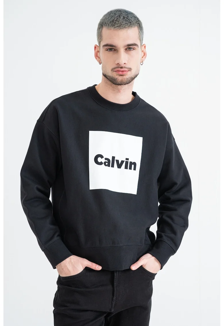 Bluza de trening cu decolteu la baza gatului si imprimeu logo, Alb/Negru