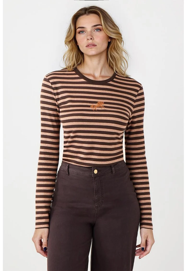 Bluza cu dungi si decolteu rotund, Maro inchis/Bej
