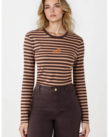 Bluza cu dungi si decolteu rotund, Maro inchis/Bej