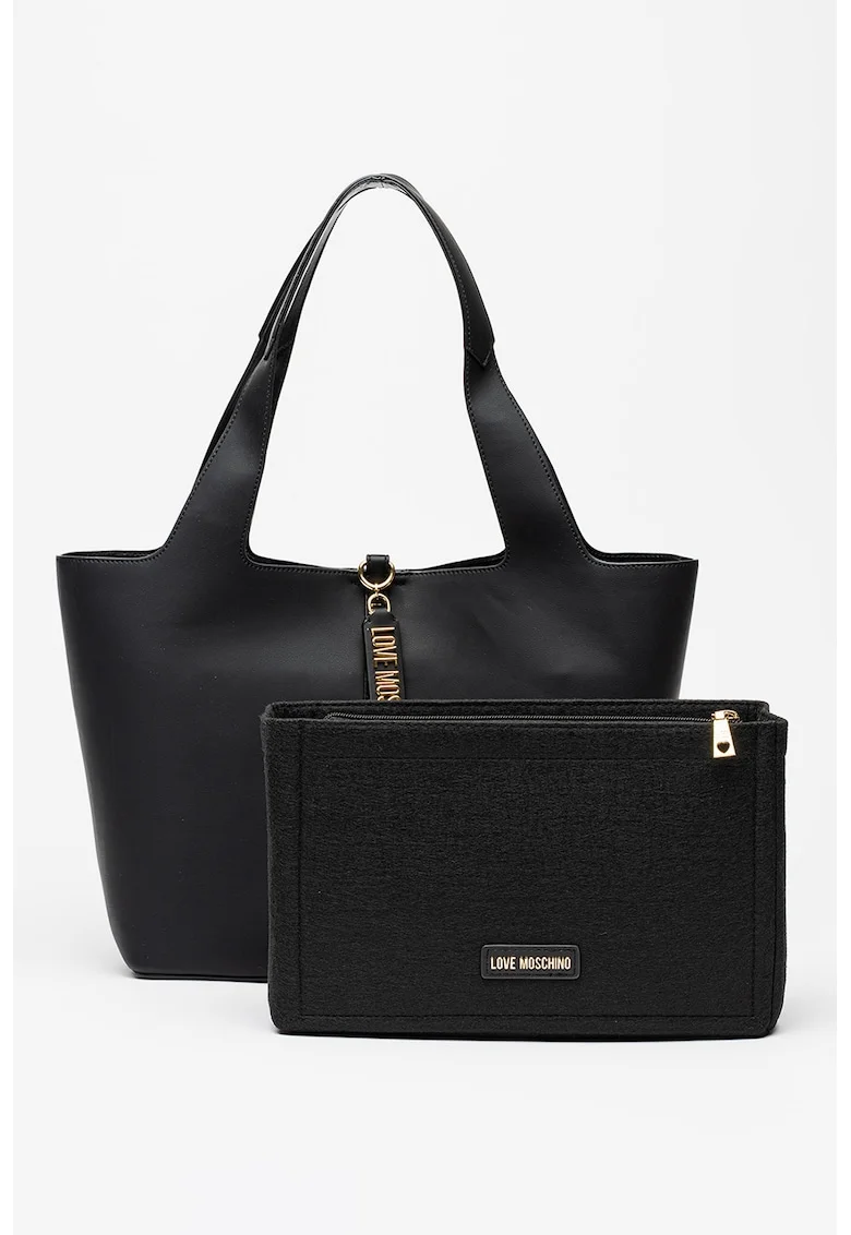 Set de geanta tote din piele ecologica si etui, Negru