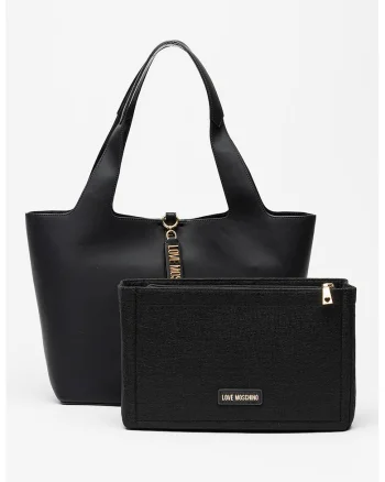 Set de geanta tote din piele ecologica si etui, Negru
