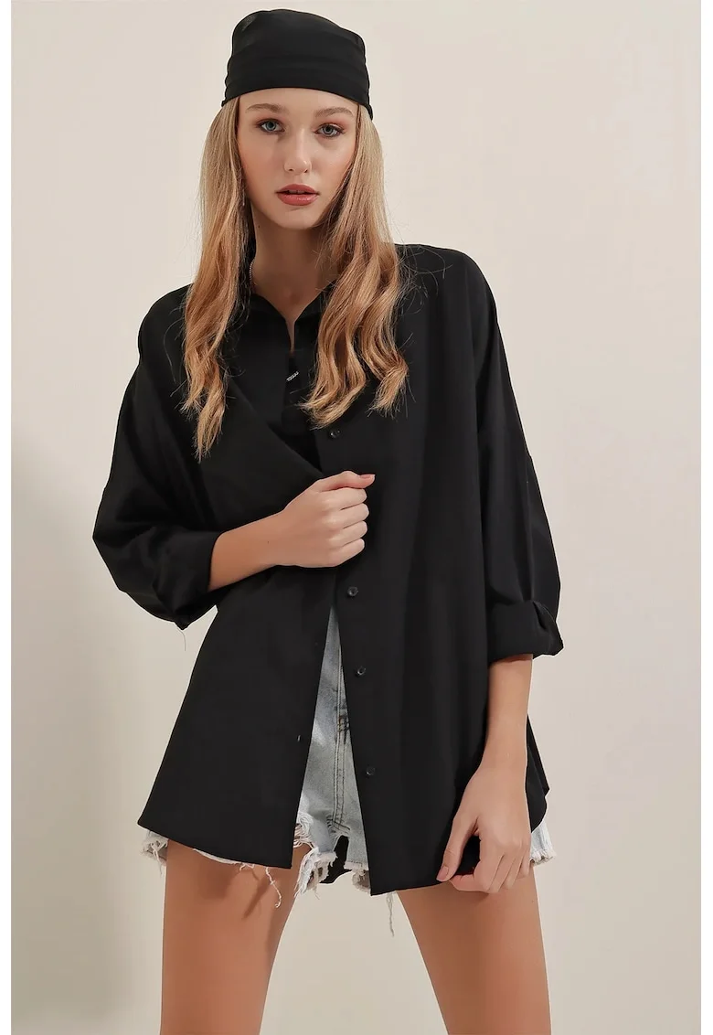 Camasa supradimensionata HiCCUP, maneci lungi, negru, Negru