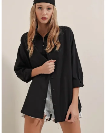 Camasa supradimensionata HiCCUP, maneci lungi, negru, Negru