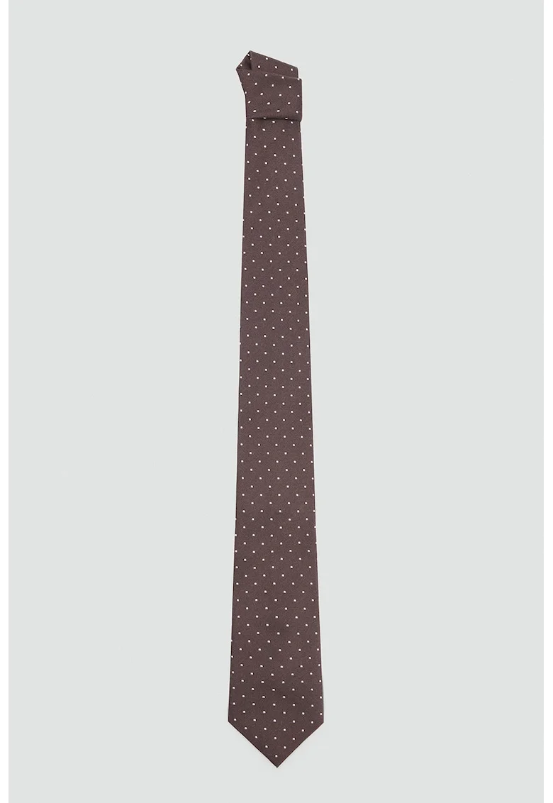 Cravata din amestec de matase cu buline, Alb/Maro cognac