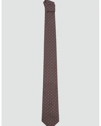 Cravata din amestec de matase cu buline, Alb/Maro cognac