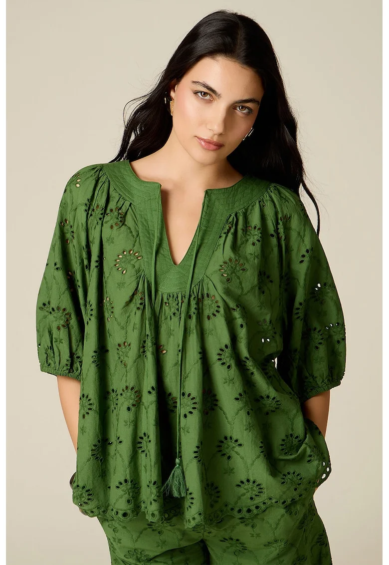 Bluza din bumbac cu design perforat, Verde padure/Verde iarba