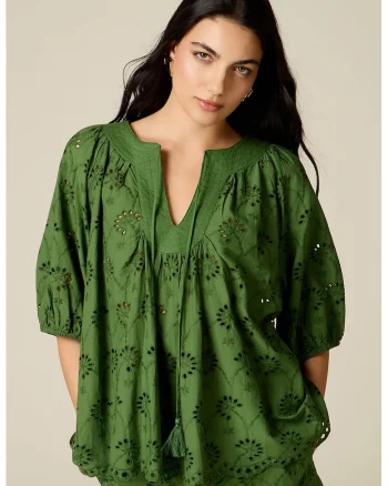Bluza din bumbac cu design perforat, Verde padure/Verde iarba