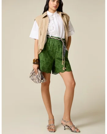 Pantaloni scurti din dantela sangallo cu cordon, Verde padure