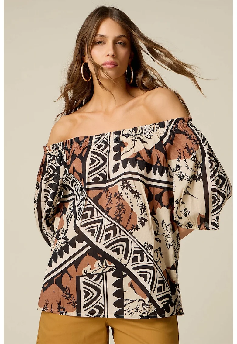 Bluza din bumbac cu decolteu pe umeri, Negru/Maro Siena/Crem/Bej deschis