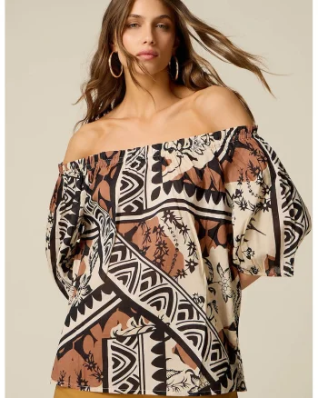 Bluza din bumbac cu decolteu pe umeri, Negru/Maro Siena/Crem/Bej deschis