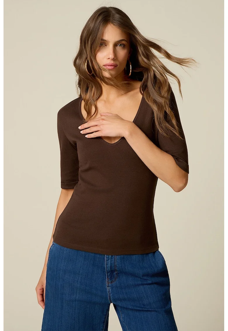 Bluza slim-fit cu decolteu adanc in V, Maro inchis