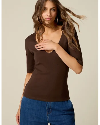 Bluza slim-fit cu decolteu adanc in V, Maro inchis