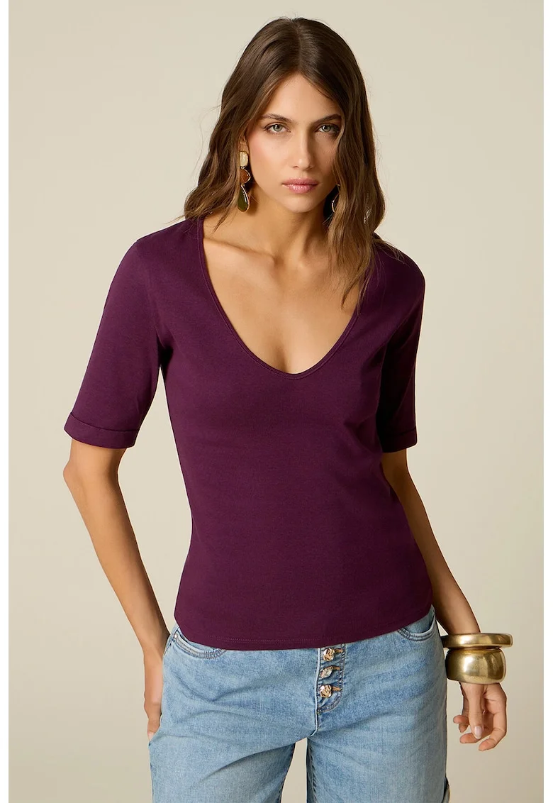 Bluza slim-fit cu decolteu adanc in V, Deep Purple