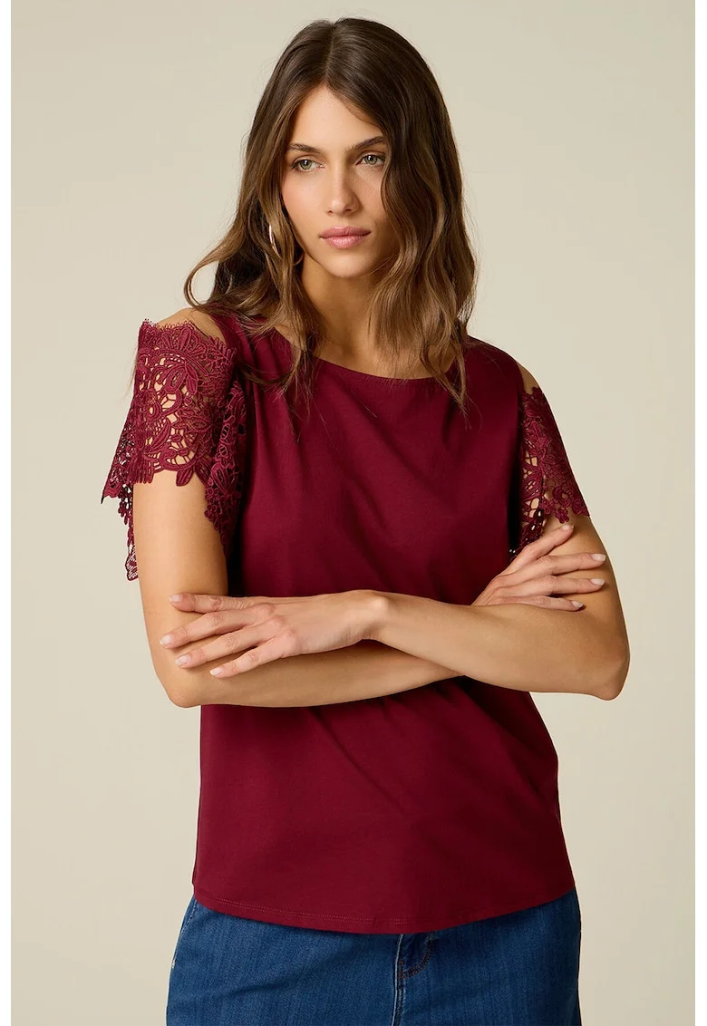 Tricou cu maneci crosetate din dantela, Violet pruna