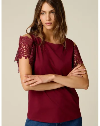 Tricou cu maneci crosetate din dantela, Violet pruna