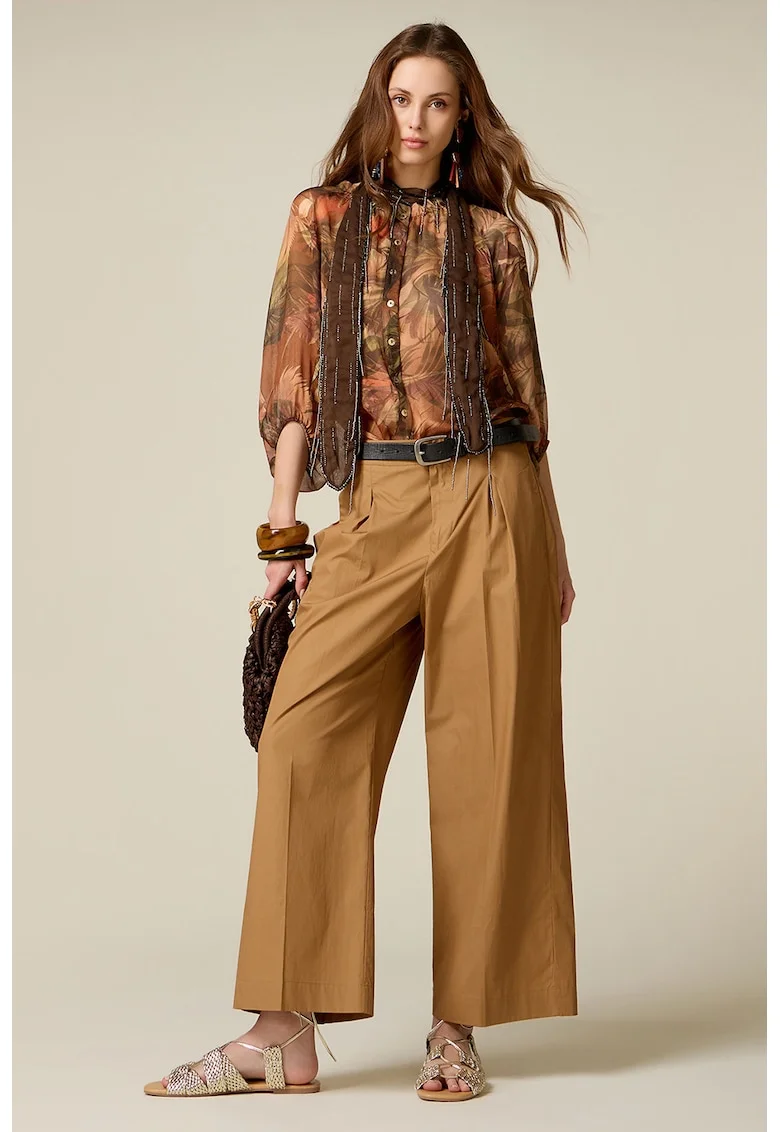 Pantaloni ampli de bumbac cu pliuri, Ocru