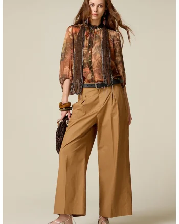 Pantaloni ampli de bumbac cu pliuri, Ocru