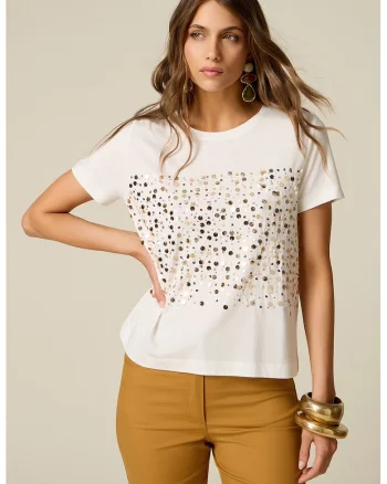 Tricou din amestec de modal cu paiete, Alb