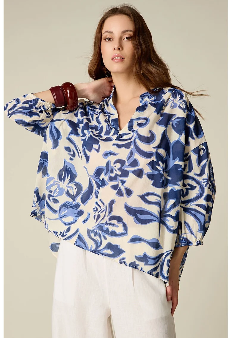 Bluza supradimensionata cu maneci 3/4, Alb/Albastru inchis