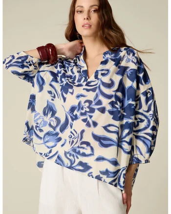 Bluza supradimensionata cu maneci 3/4, Alb/Albastru inchis