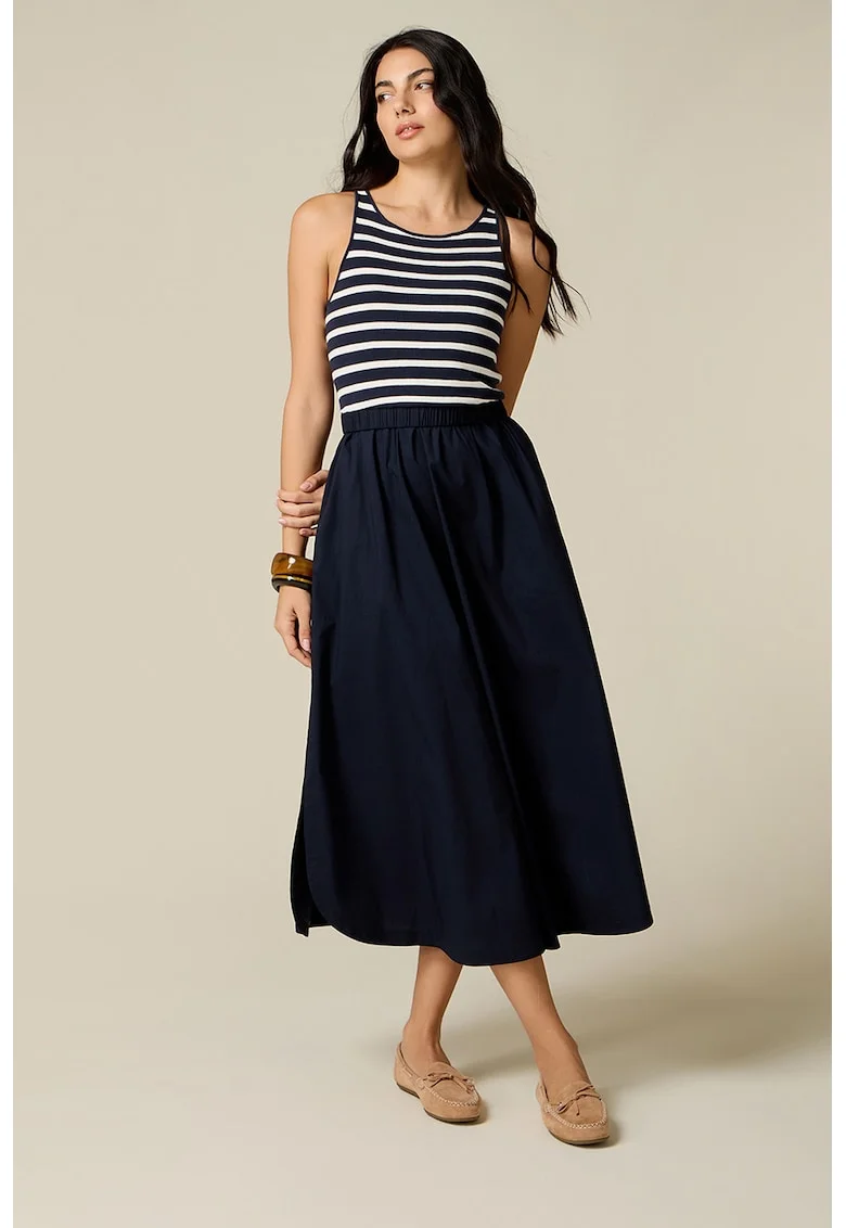 Rochie midi cu croiala evazata si buzunare, Bleumarin