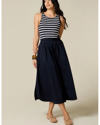 Rochie midi cu croiala evazata si buzunare, Bleumarin