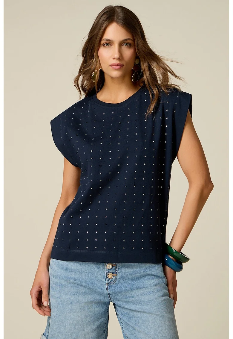 Tricou din bumbac cu aplicatii din strasuri, Bleumarin