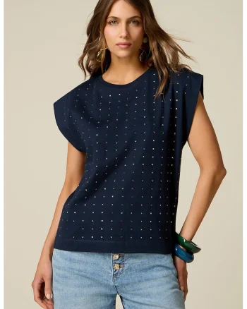 Tricou din bumbac cu aplicatii din strasuri, Bleumarin